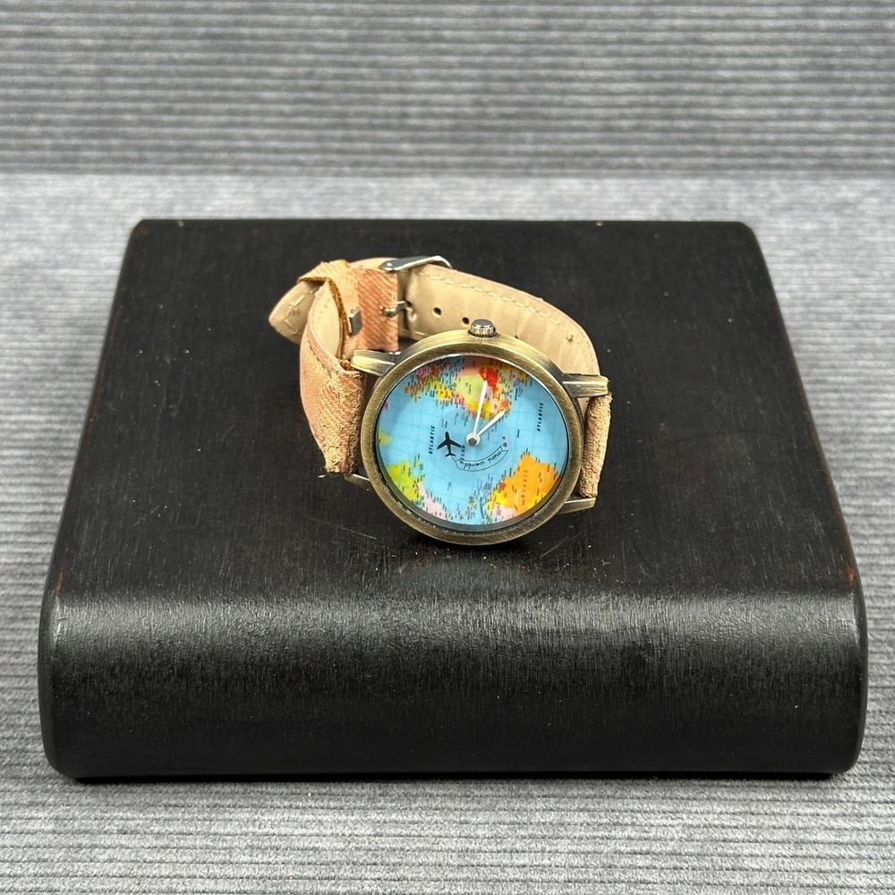 World Map Airplane Y2k Watch Bronze Tone Tan Fabric Strap Travel Theme
